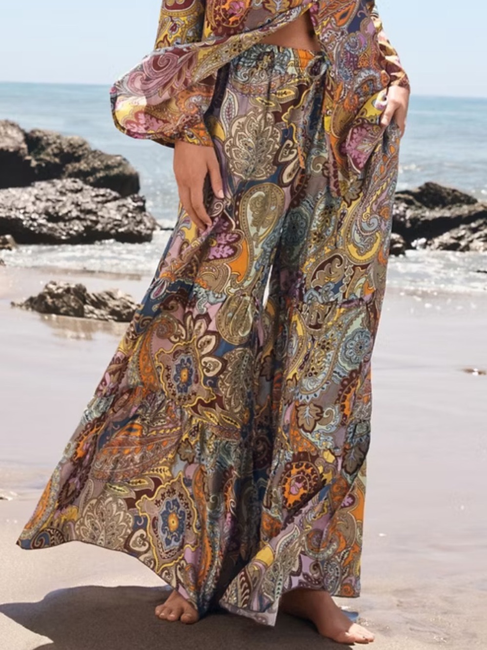LN Johnny Was Sandalwood Viola Paisley Print Tiered Wide Leg Pants Culottes - XS